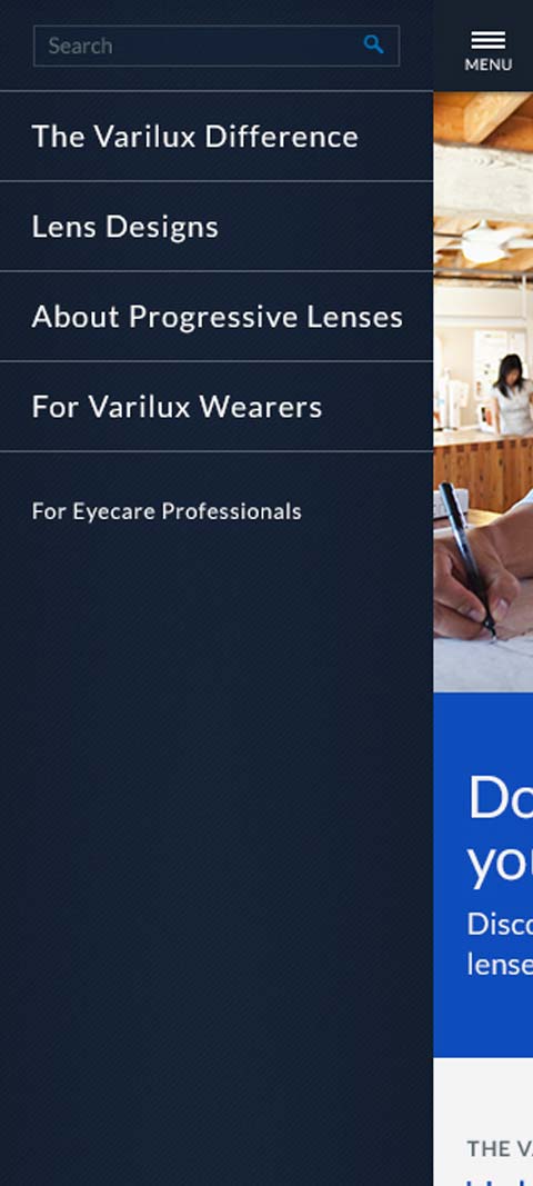 Essilor Varilux mobile menu