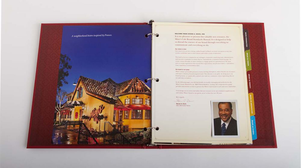 Opening Spread of Mimi's Cafe Brand Standards Manual
