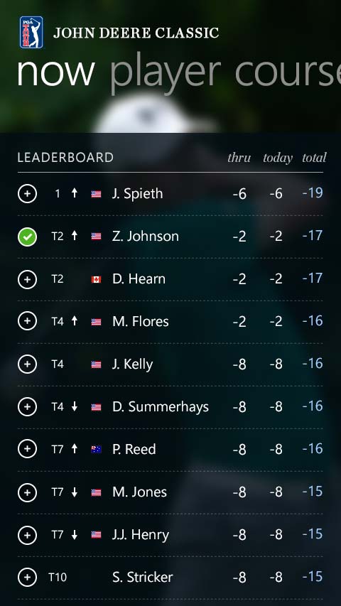 PGA Tour Windows 8 Mobile App Leaderboard Screen