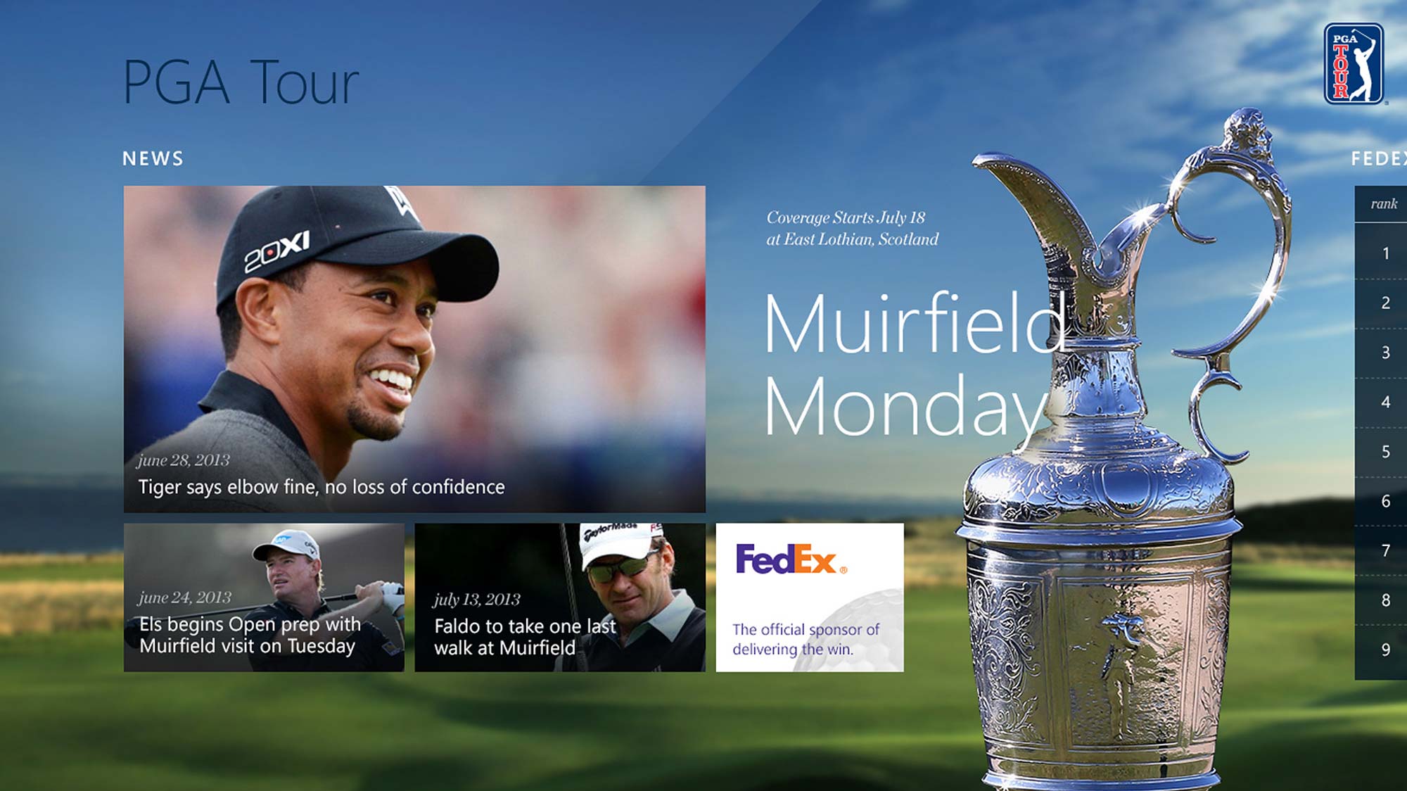 PGA Tour Windows 8 App Tablet Home Screen