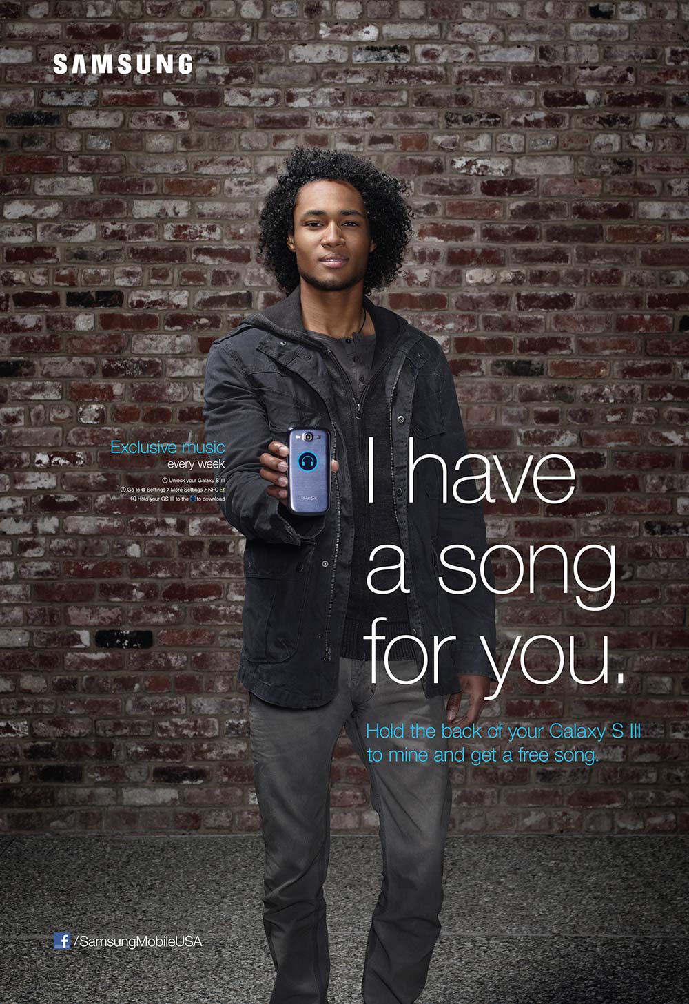 Man holding phone to viewer in Samsung NFC powered poster