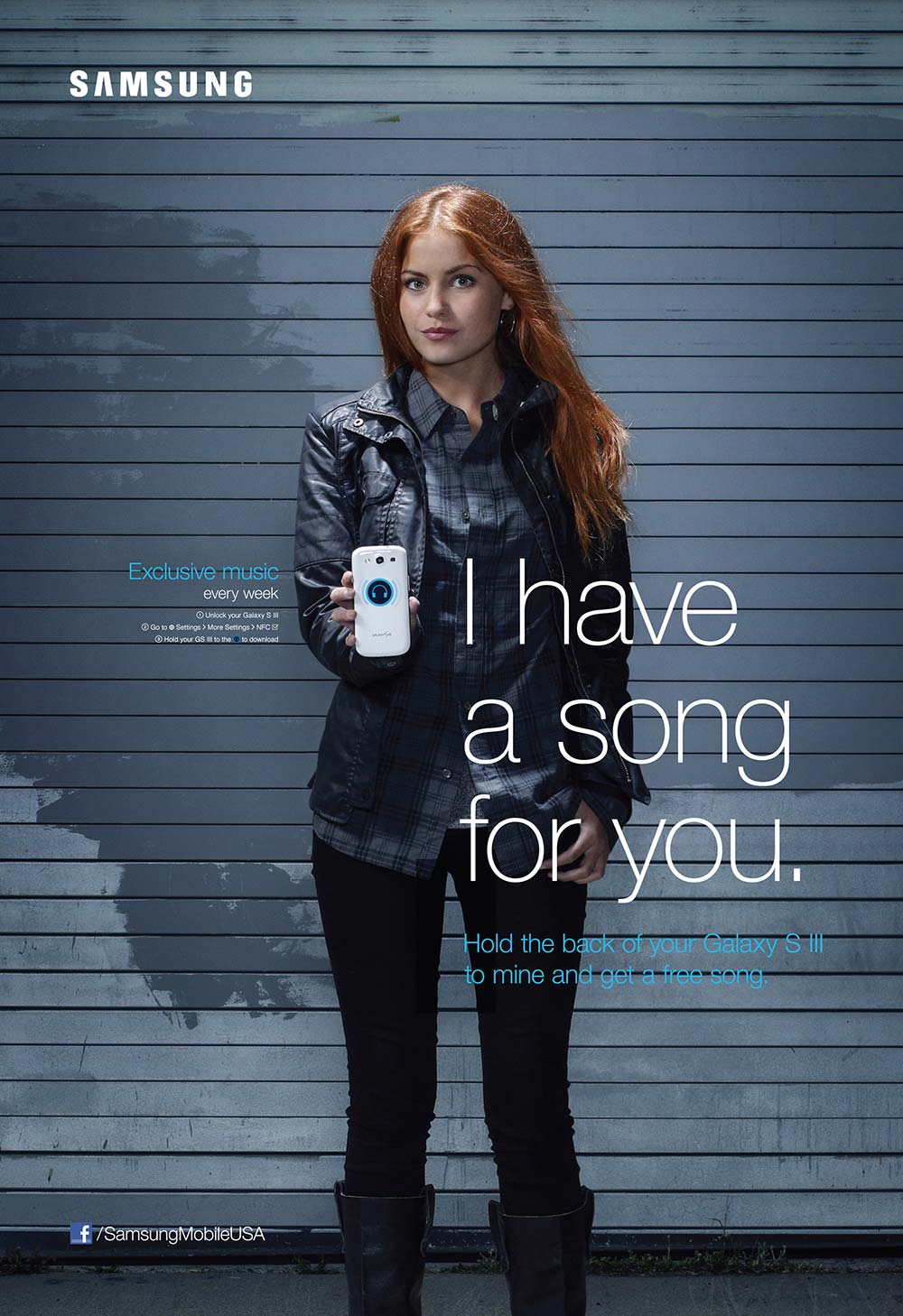 Red haired young woman holding phone in Samsung NFC powered poster