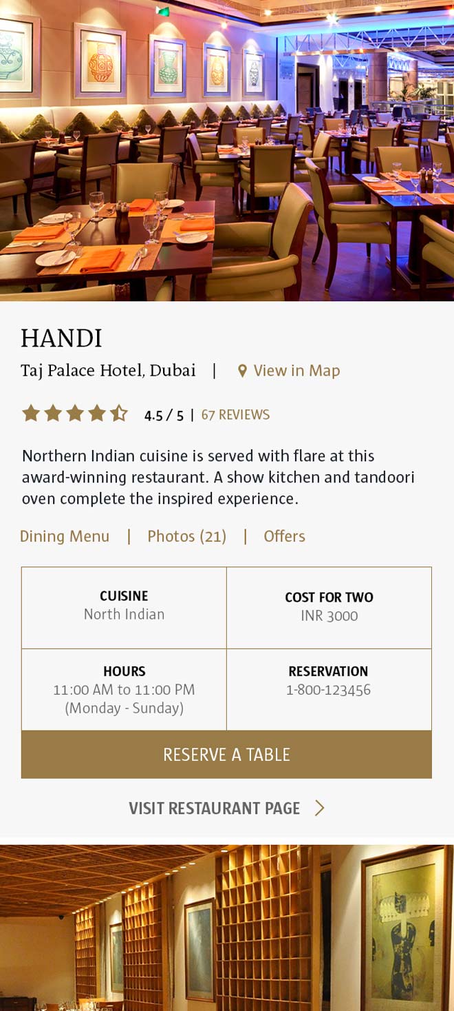 Taj Hotel Group restaurant mobile page
