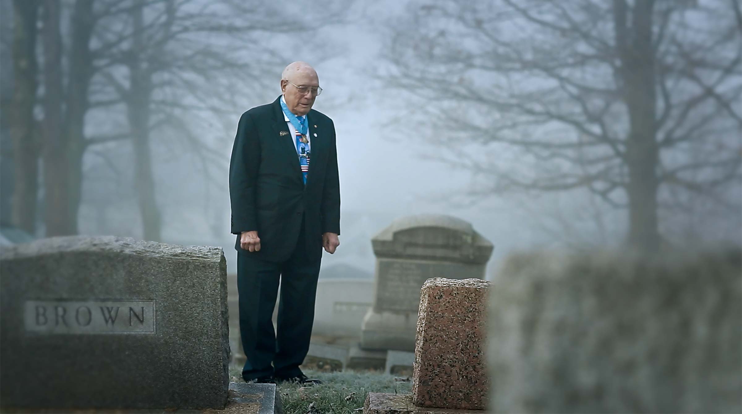 Hershel Woodrow "Woody" Williams at the grave of friend Leonard Brown
