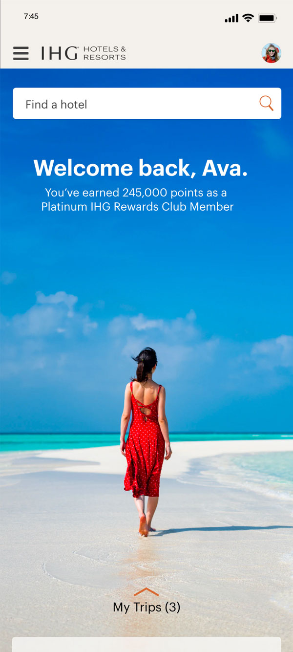 IHG mobile app registered customer start screen