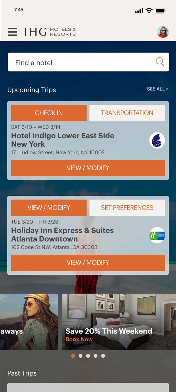 IHG mobile app registered customer upcoming trips screen
