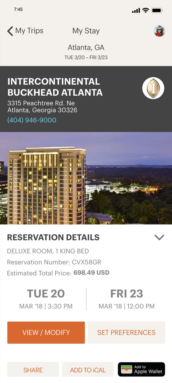 IHG mobile app registered customer trip detail screen