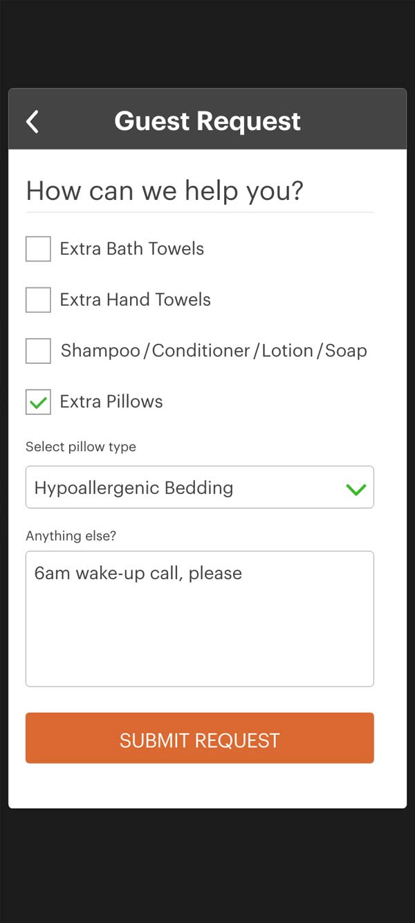 IHG mobile app guest request screen