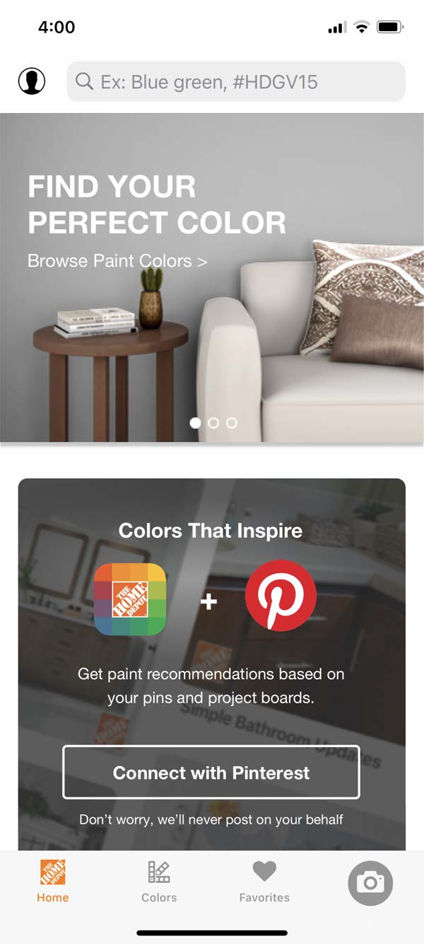 The Home Depot Project Color app home screen