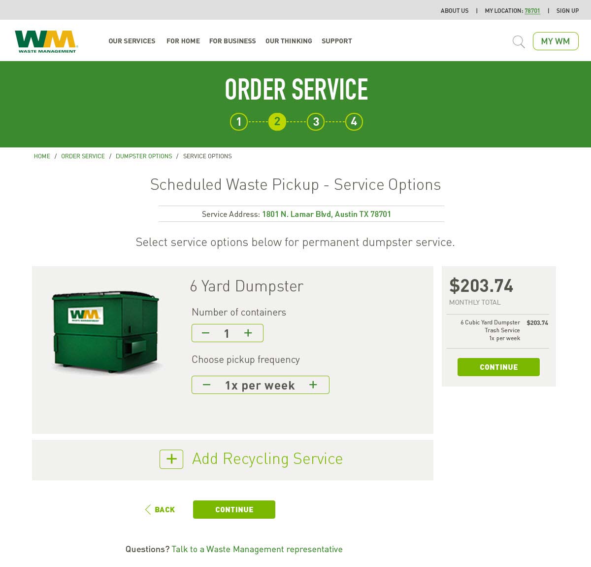 Configure commercial service step 1