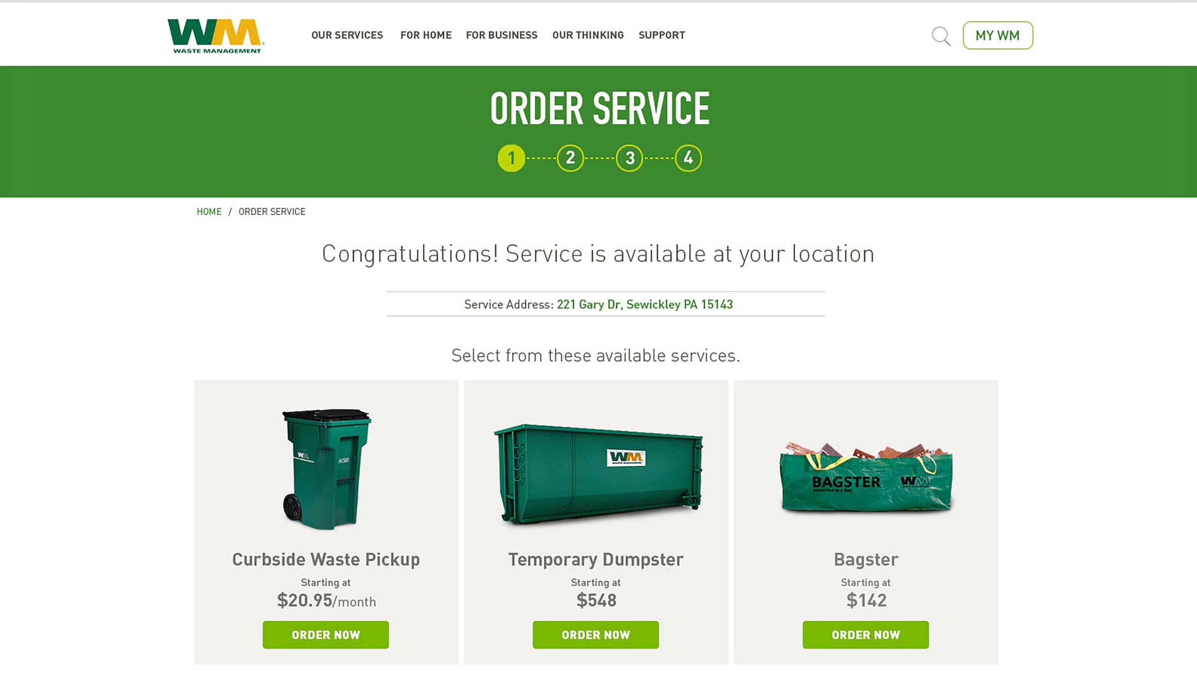 Waste Management Residential Service Ordering Start Screen