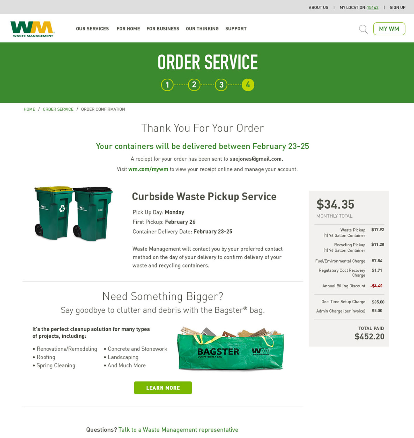 Order confirmation screen