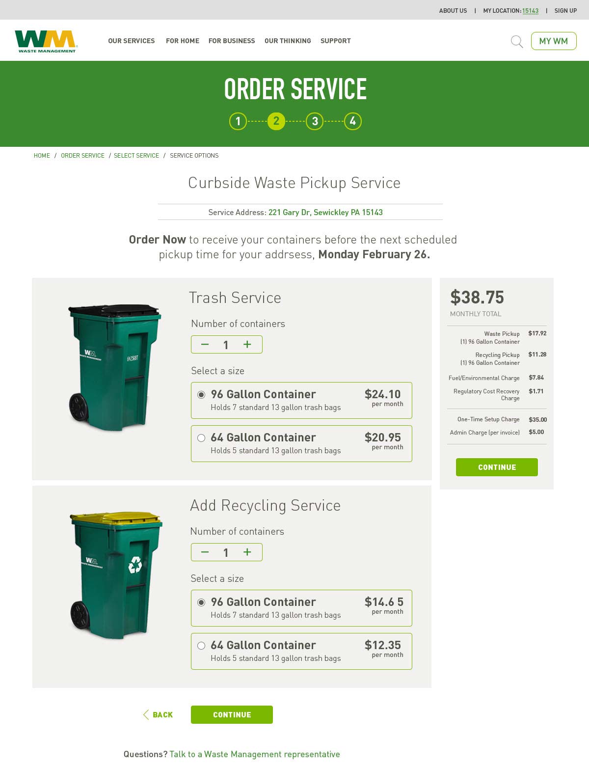 Step 2 - Add Recycling Service Screen